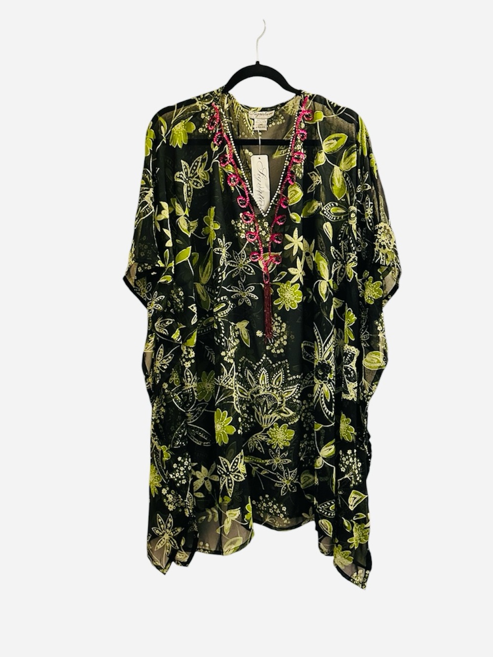 Signature Black Floral Beaded Tunic with Lime and Pink Accents